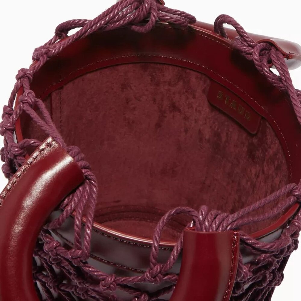 STAUD Mini Moreau Leather and Macramé Bucket Bag in Bordeaux - Picture 2 of 4